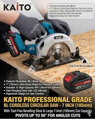 Image of KAITO 48V Cordless Circular Saw | Brushless Motor | 7-Inch (185 mm) Blade | 5500 RPM | Adjustable 0-50 Bevel Cutting | Heavy-Duty Wood, Metal & PVC Cutter | 2 Batteries & Fast Charger