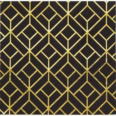 Roaring 20s Party Decorations, Art Deco Design Black and Gold Foil Printed 3 Ply Luncheon Paper Napkins, Box of 192