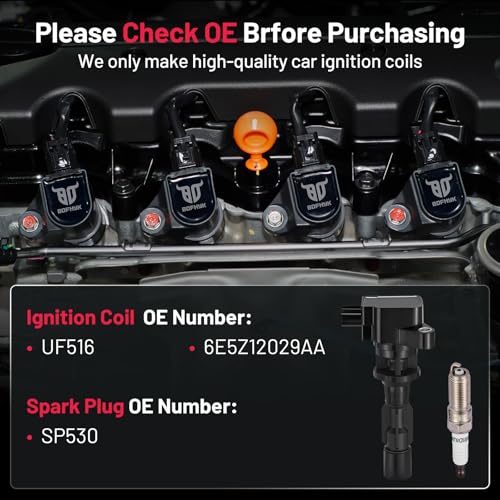 Image of BDFHYK Ignition Coil Pack UF516 and Iridium Spark Plug SP530 Compatible with Ford Fusion 2006-2009 Mercury Milan 2006-2009 2.3L l4 Ford Oem Coil Pack Coil for 6E5Z12029AA Set of 4