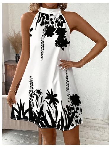 Image of Floerns Women's Sleeveless Floral Print Sundress Halter Neck A Line Short Dress