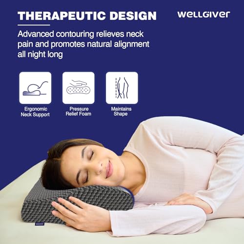 Image of WELLGIVER Cooling Gel Memory Foam Cervical Neck Pillow | 2 Years Warranty | Pain Relief Sleep, Improves Posture Spinal Alignment, Neck Pain Relief |19 x 12 x 4 Inch| Black Jacquard Cover | Pack of 1