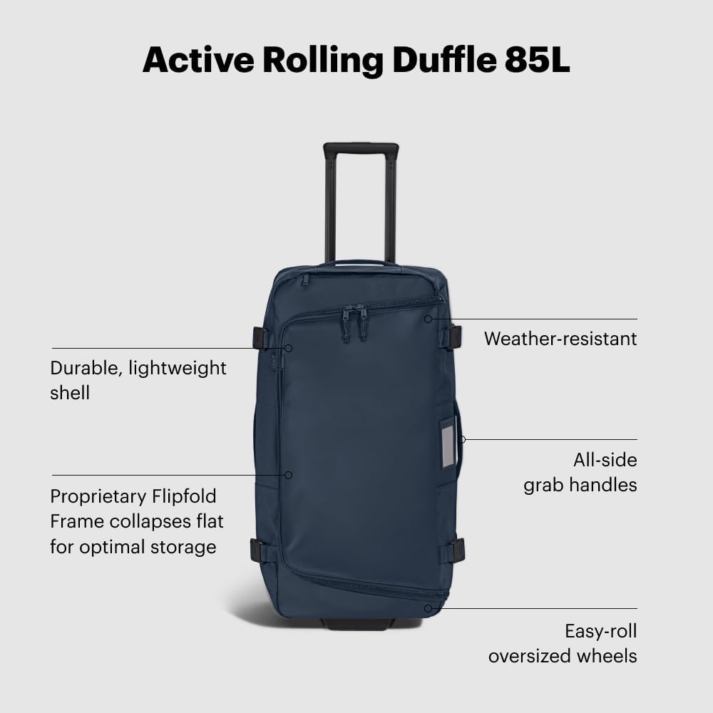 Away Active Rolling Duffle 85L - Large Travel Duffle Bag with Wheels, Durable Checked Luggage Suitcase for Men & Women, Foldable Weekender Bag, Navy Blue