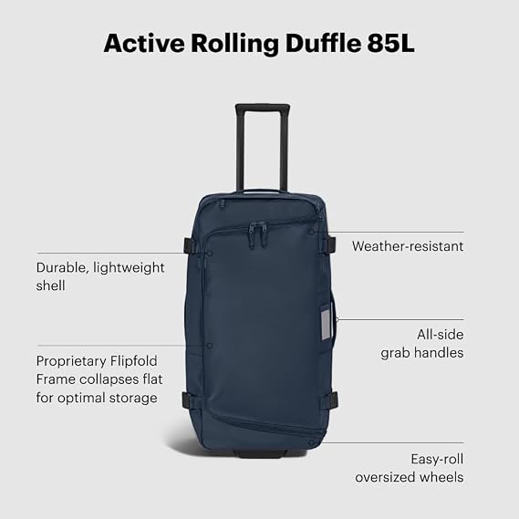 Away Active Rolling Duffle 85L - Large Travel Duffle Bag with Wheels, Durable Checked Luggage Suitcase for Men & Women, Foldable Weekender Bag, Navy Blue