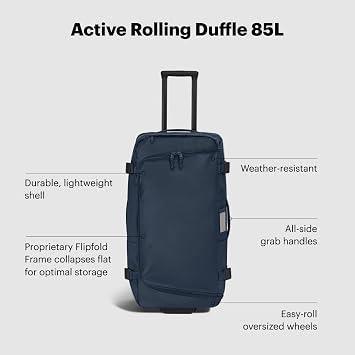Away Active Rolling Duffle 85L - Large Travel Duffle Bag with Wheels, Durable Checked Luggage Suitcase for Men & Women, Foldable Weekender Bag, Navy Blue