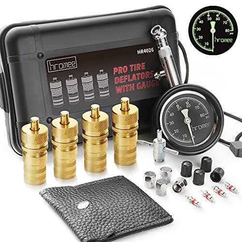 Hromee Automatic Tire Deflators Kit for Offroad Vehicles, Cars, Trucks, Motorcycle 6-30 PSI Adjustable Air Deflating Set with 80 PSI Pressure Gauge & Valve Core Repair Tool