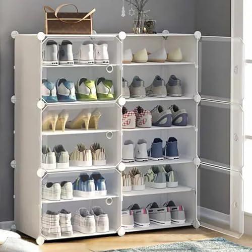 Image of AYSIS 12 Shelf DIY Shoe Rack Box Organizer ^ Multi-Purpose Plastic Shoe Rack for Home, PP Plastic Home Rack with Door for Entryway, Chappal Slipper Shoe Stand【White, 12-Shelf-6-Door】