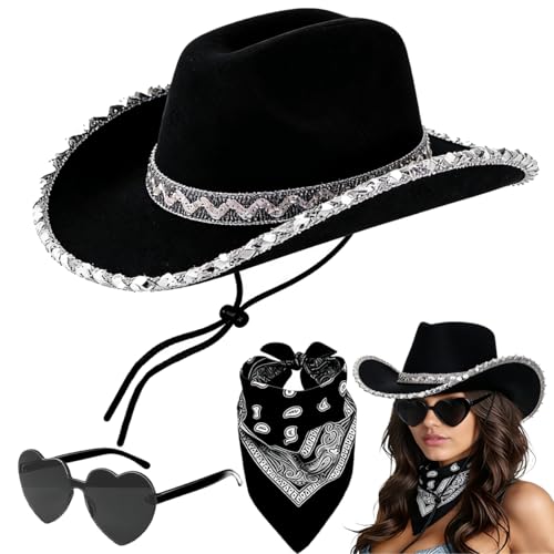 VyxStelyndric Chapeau de Cowboy Western - Déguisement pour Adultes avec Lunettes de Soleil et Bandana - Accessoires de Costume pour Halloween et Carnaval