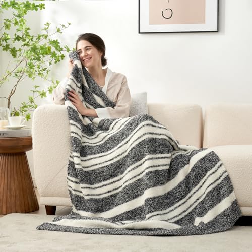 Image of Snuggle Sac Heather Throw Blanket for Couch, Reversible Super Soft Blankets Warm Cozy Knit Fuzzy Plush Lightweight for Sofa, Bed, Camping, Picnic (Stripe Black, Throw(50 inchx 60 inch))