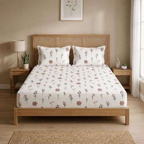 Image of HOMEMONDE Cotton Fitted Sheet Floral Printed Queen Size Elastic Fitted Bedsheet with Two Pillow Covers |186 TC | (78 x 72 Inches, Prairie Charm) | Perfect for Home Decor & Gifting