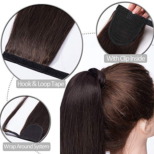 Elailite Brown Human Hair Ponytail Real Hair Extension Straight - Wrap Around Clip in Ponytail 100% Remy Hair (#2 Dark Brown, 22 Inch) - Image 3