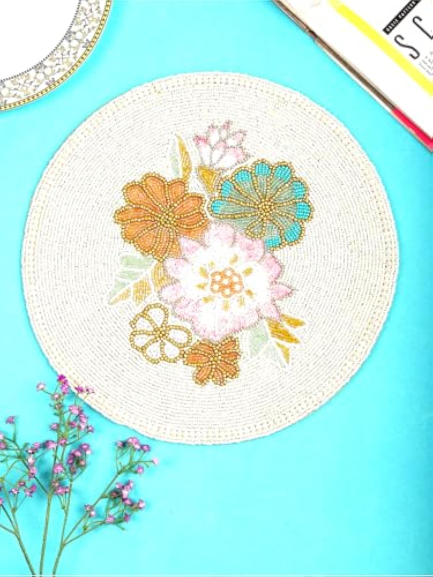 Beaded Polyester Placemat for Dining Table, White Pastel Flower Design