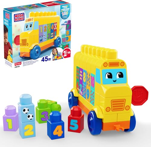 MEGA BLOKS First Builders Toddler Block Toys Set, Build & Count Bus 45 Pieces, Learn Numbers and Counting, Yellow, Ages 1+ Years