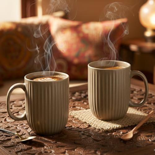 Image of The Earth Store Brown Tall Fringe Coffee Mug - 330ML Ceramic Coffee Mugs Set of 2 | Microwave & Dishwasher Safe Mugs for Gift | Home | Office | Restaurant | Daily Use Tea Mug