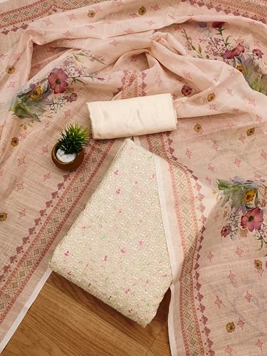 Image of Pandadi Saree Women's Elegant Lucknowi Work with Modal Cotton Chanderi and Embroidered Dupatta Unstitched Dress Material
