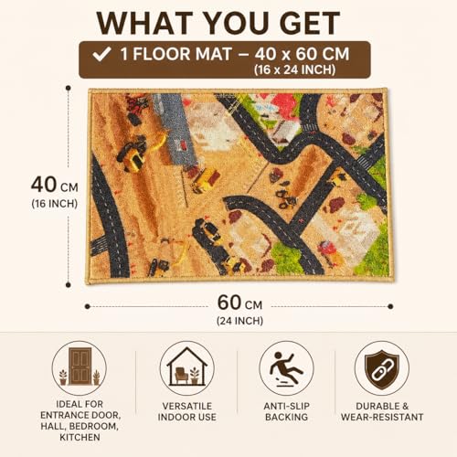 Image of Matz&More City Road Construction Site Kids Floor Mat | 40x60 CM | Brown | Nylon Tufted Gel Baking Anti-Slip | Home School Doormat | Children Play Room Entrance & Child Bedroom