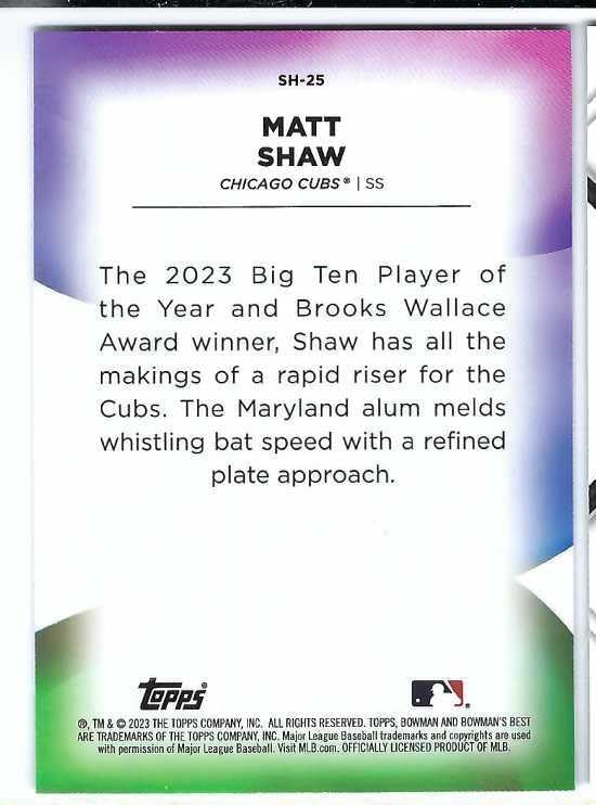 MATT SHAW 2023 Bowman's Best Shellacked #SH-25 Baseball Rookie RC Chicago Cubs