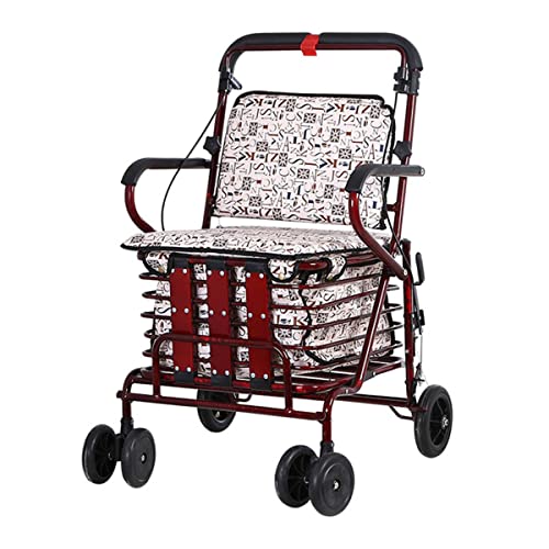 O·Lankeji Einkaufstrolley Mit Sitz Klappbarer Einkaufstrolley Auf Rädern Robuster Seniorentrolley Mobile Walker Einkaufsgeschenk Für Eltern (Color : Wine Red)