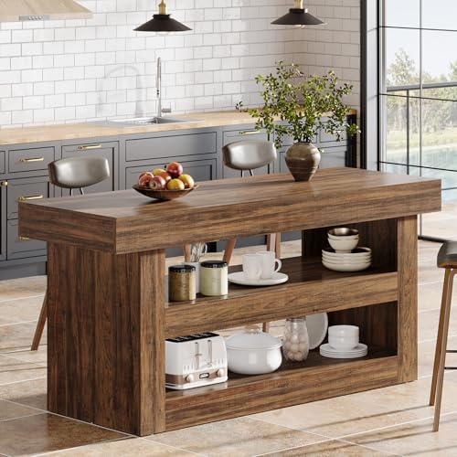 Tribesigns 55-Inch Kitchen Island with Storage, Farmhouse 3-Tier Stationary Island