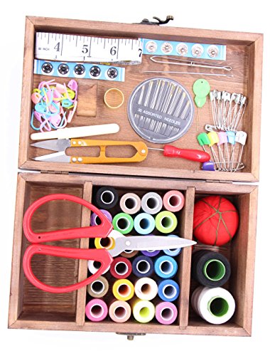 Wooden Sewing Kit Set - Wood Basket Storage Organizer Box with Professional Hand Sew Supplies Thread Spools Pins Needles Scissors for Men Women Adults Kids Beginners Emergency Repairs (Brown) - Thumbnail 2