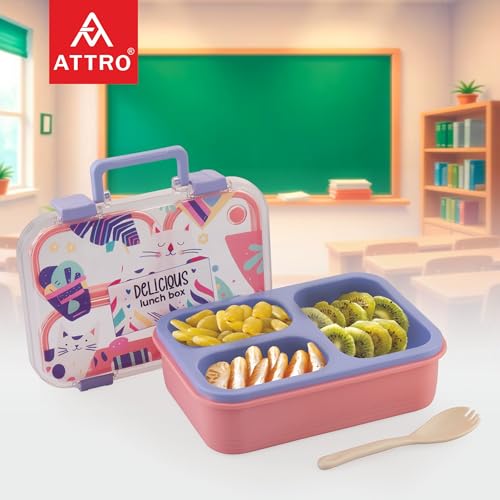 Image of ATTRO Kitty Kart Plastic Lunch Box - 3 Compartment Bento Tiffin, Leak-Proof & Durable, Plastic Cutlery, Ideal for Kids, School,Picnic - 800ml, Pink Purple
