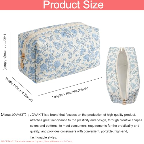 JOVAKIT 2Pcs Makeup Bag Quilted Cosmetic Bag for Women Girls, Floral Coquette Cotton Toiletry Zipper Make Up Pouch, Travel Storage Organizer Pouch (Blue Floral)4