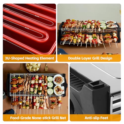 Tischgrill Elektrisch, Elektrogrill Doppelschicht, 2200W Elektro Grill Smokeless BBQ Grill für Balkon Indoor Party, Grillnetz aus Edelstahl, Schwarz 4