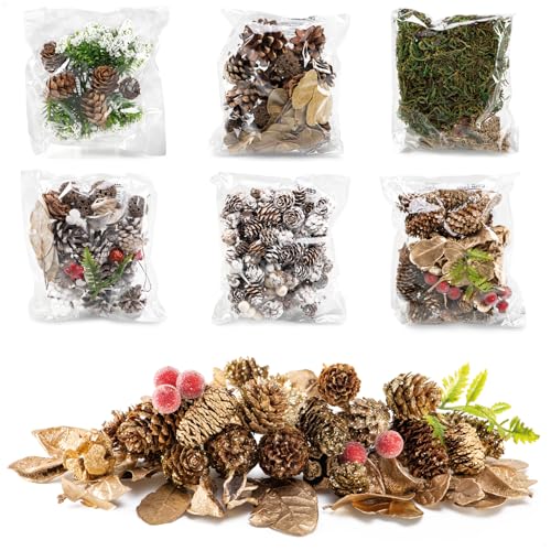 com-four® 6X Adornos navideños en Bolsa con piñas, ramitas y Musgo - Adornos navideños - Set de Manualidades - Decoración de Mesa - Corona de Adviento (6X Bolsas: Conos, ramitas, Musgo, Hojas)