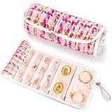 Abiudeng Tweed Travel Jewelry Organizer Roll with 20 Compartments - Rhinestone Button, Anti-Tarnish & Tangle-Free Necklace Storage Bag, Velvet Lined Scratch Protection Case for Women - Pink