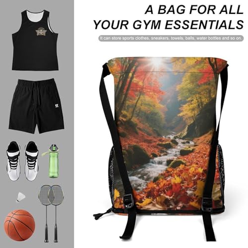 Small Gym Bag Forest Fallen Leaves Printed Drawstring Gym Bag for Men Lightweight Waterproof Drawstring Backpack for Women with Shoe Compartment for Travel Tourism Work And Fitness3
