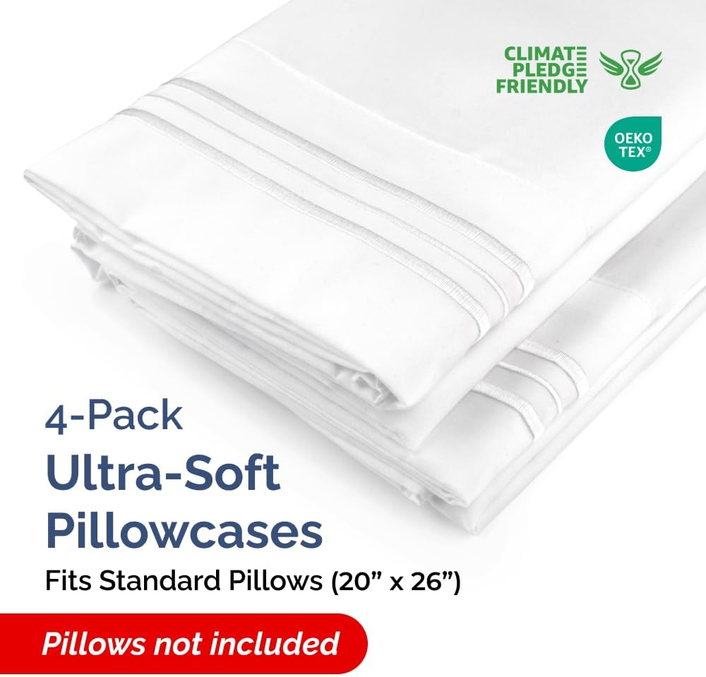 Standard Pillow Cases Set of 4 - Ultra Soft Hotel Quality Pillowcase Covers - Comfy Cozy Bedding for Women, Men, Kids & Teens - Machine Washable Pillow Protectors - 4 Piece Set - Standard Size White Standard 01 - White 4
