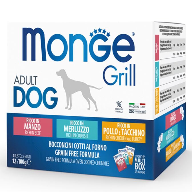 MONGE Monge GRILL MIX Adult Manzo, Merluzzo, Pollo - 12 Bustine da 100gr - 12x100gr