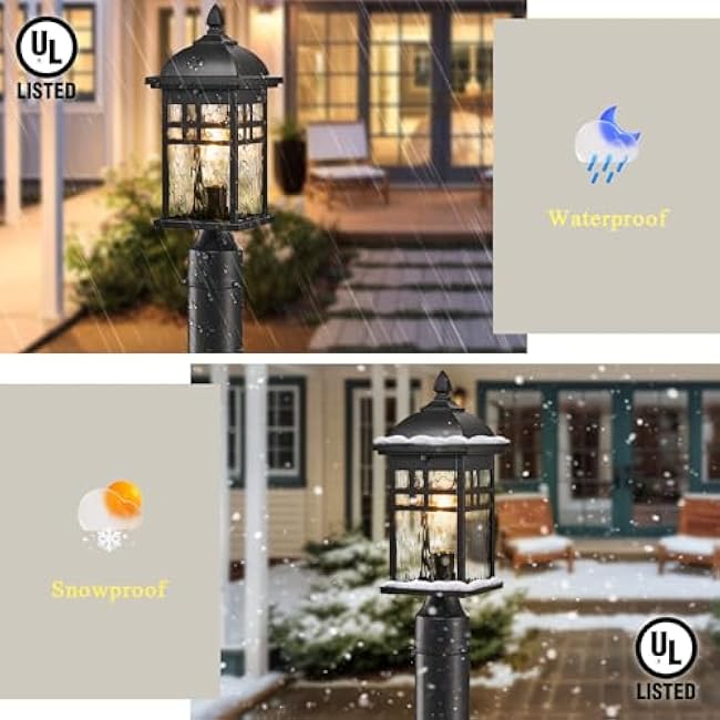 Outdoor Post Lights Black Exterior Pillar Lamp Aluminum Lamp Body and Water Ripple Glass Shade 22 Inch Height Outdoor Post Lighting Fixture for Yard Pathway and Driveway