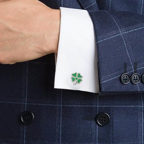Mancornas y botones de camisa trébol de cuatro hojas plateados miniatura 1