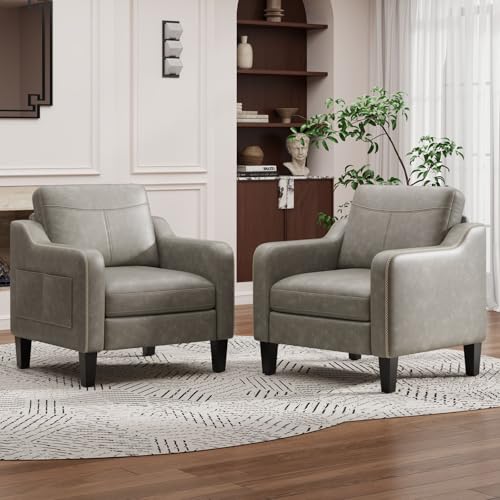 MALOL PU Leather Accent Chair Set, Mid-Century Modern Grey