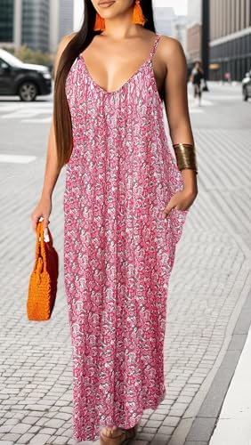 Image of Women's Casual Summer Maxi Dresses Sleeveless Adjustable Spaghetti Strap Loose Plus Size Dresses