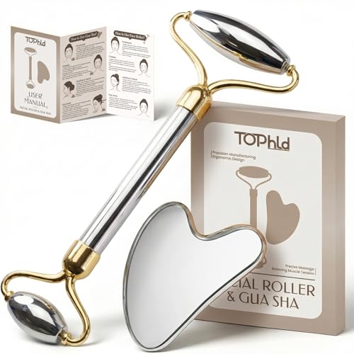 Edelstahl Gua Sha & Gesichtsroller Set Kühlendes Beauty Massage Tool für Gesicht & Hals zur optischen Porenverfeinerung Entspannung & Straffung (Silber)
