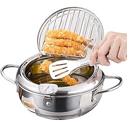 Sartenes Acero Inoxidable Grado Alimenticio Olla Freidora,Freidora de Estilo Japonés Olla con Inducción de Termómetro, Mini Sartén de Acero Inoxidable de Grado Alimenticio con Escurridor de Goteo de Aceite para Cocinar Papas Fritas (L - 3400ml)