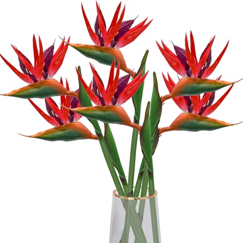 Bacucine 人工観葉植物 極楽鳥花 造花 6本 アーティフィシャルフラワー インテリア極楽鳥 ストレリチアの花 フェイクフラワー ガーランド リアル フェイクフラワー 枯れない花 部屋飾り バレンタイン プレゼント インテリア 喫茶店 店舗用 (レッド)