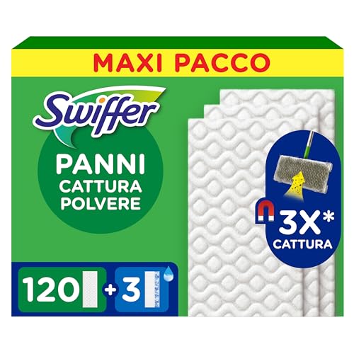 Swiffer Panni Catturapolvere, 120 Microfibre Dry e 3 Lavapavimenti, Cattura Polvere e Sporco, Ottimo per Tutti i Tipi di Pavimenti e per i Peli di Animali, Maxi Formato