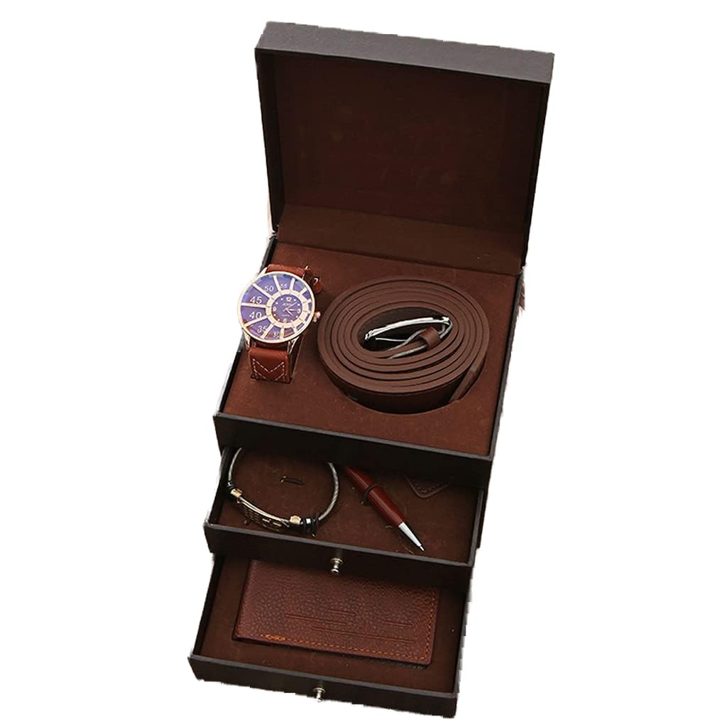 6 sztuk/zestaw Zestaw upominkowy dla mężczyzn Fashion Business Gift Box 3-warstwowy zegarek Skórzany pasek Bransoletka Portfel Brelok Długopis na prezenty dla mężczyzn (kolor: czarny) (brązowy)