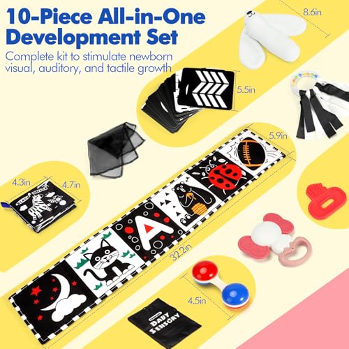 Image of URMYWO 10 Pcs High Contrast Black and White Baby Toys for Newborn, Tummy Time Mirror, Rattle, Teether, Visual Stimulation Learning Cards, Sensory Toys for 0-6 Months, Baby Boy Girl Gift