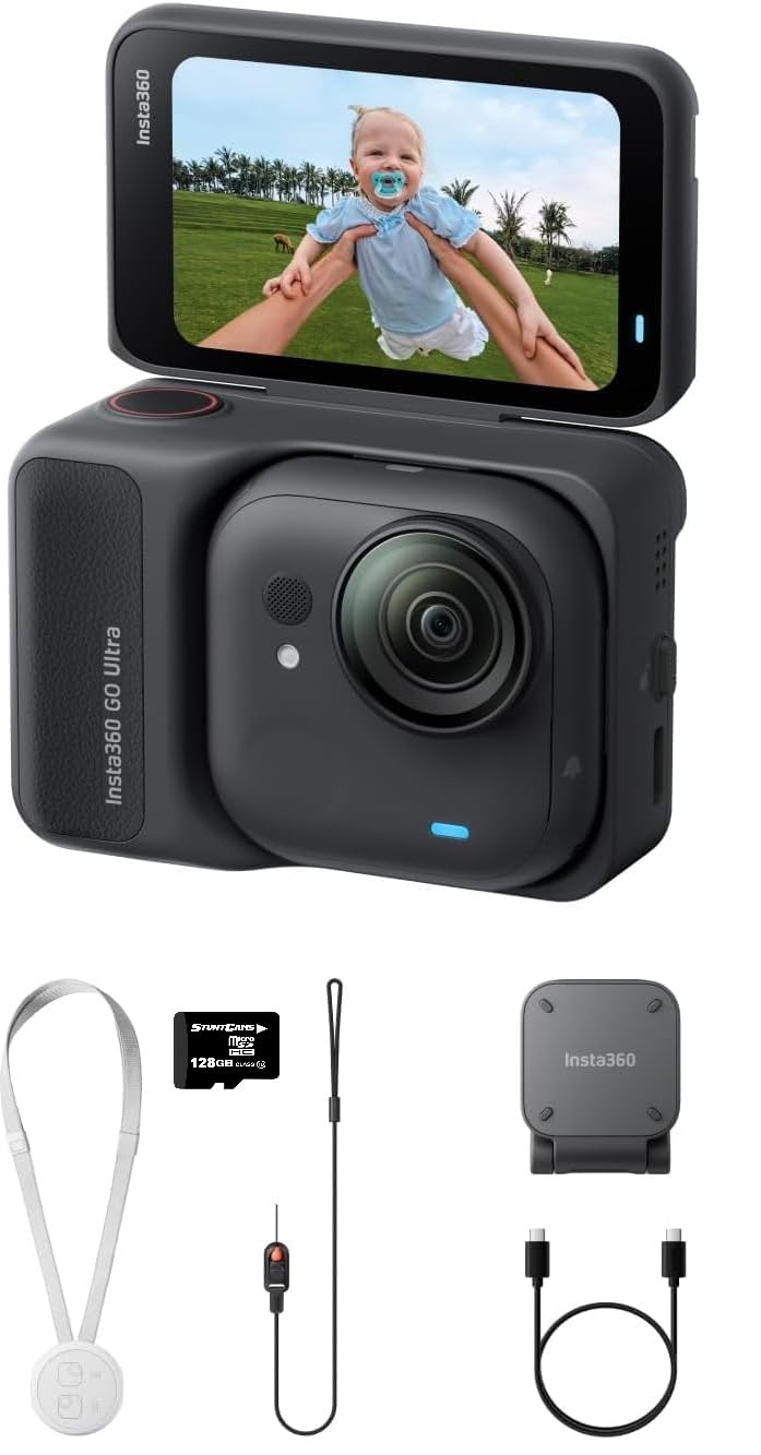 insta360 go ultra standard bundle midnight black 128gb sd card- tiny hands-free 4k cam, lightweight & portable, low light excellence, mount anywhere, flowstate stabilization, 200 minute battery life