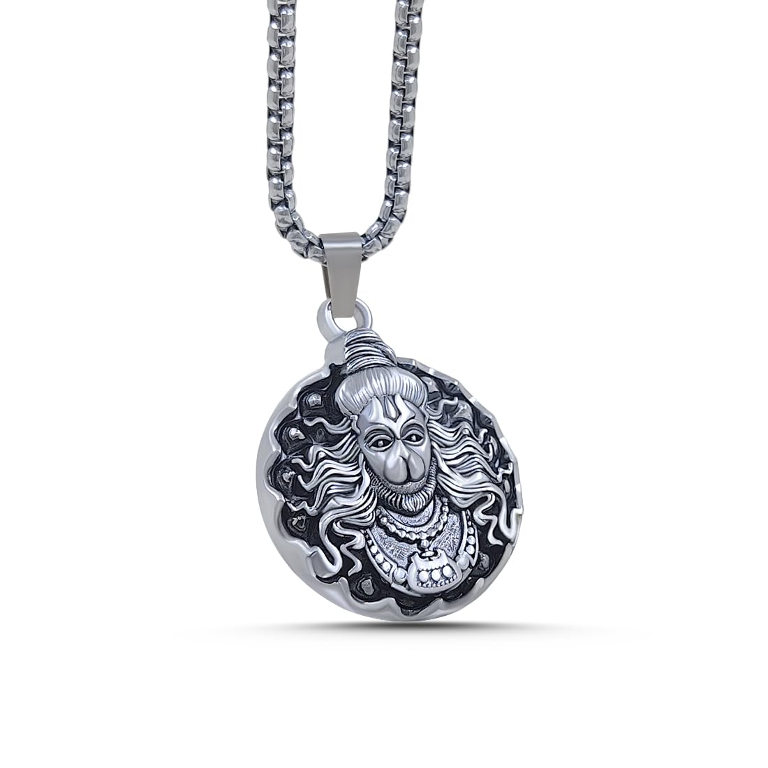 Men and Boys Silver Plated Stainless Steel Chain with Hanuman Pendant (Hanuman)