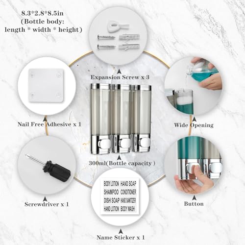 Ribech Soap Dispenser, 3 Chamber 300mL Shampoo and Conditioner Dispenser Pump - Image 3