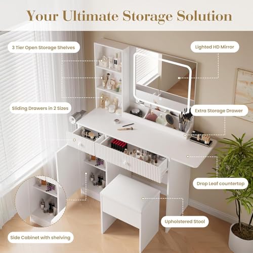 Fluted Makeup Vanity Desk with Mirror and LED Lights, Vanity Table with Storage Stool, Power Outlet, 2 Drawers, 3 Storage Shelves, Large Cabinet, Dressing Table and Chair for Bedroom Dressing Room