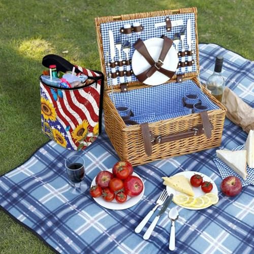 Image of 4th of July Car Trash Can with Lid Hanging Car Trash Bag Leak-Proof Portable Cars Garbage Bin Sedan Accessories Interior Cars Organizer, USA Flag Sunflower Print