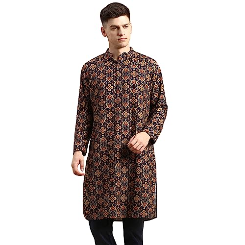 Image of Men's Black Art Silk Regular Fit Ethnic Motifs Kurta | Indian Kurta | Festive Ethnic Kurta with Embroidered Packet