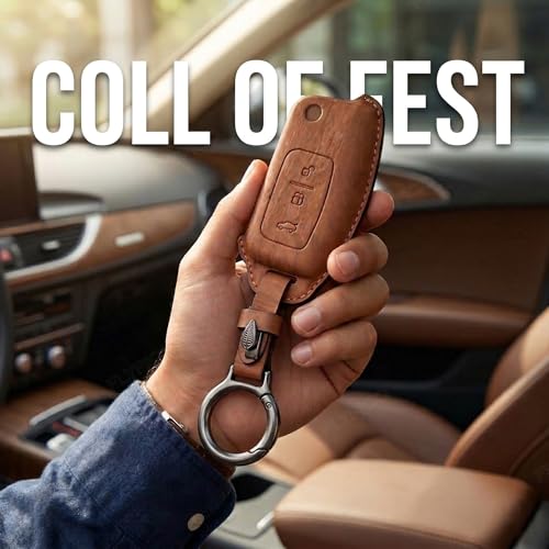 Image of Wooden PU Leather Key Cover Compatible with Ford Fiesta Figo Old Ecosport Flip Key 3 Button Smart Key Stylish Wooden Texture & Durable Premium PU Leather Protection