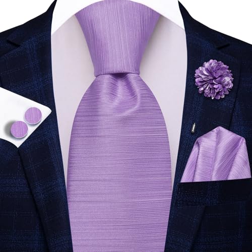 Image of Hi-Tie Men Silk Ties Set with Flower Lapel Pin Necktie Pocket Square Cufflinks for Tuxedo Wedding Business