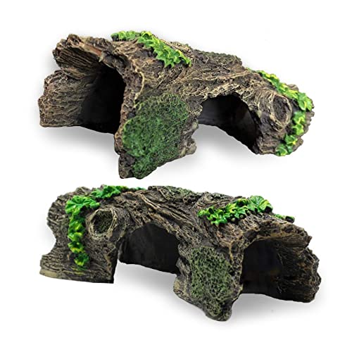 2PCS Small Aquarium Trunk Decoration Hollow Tree Trunk Hideout Log Hideaway Fish Tank Resin Wood Ornament Reptile Habitat Cave for Fish and Shrimp to Swim(6.7X 3.3 x 3'')